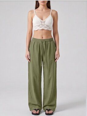 Cotton Drawstring Wide Leg Pant Green